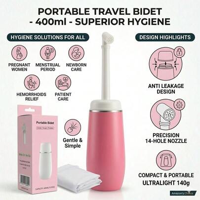 Przenośny bidet podróżny – 400 ml podręczna butelka Peri do pielęgnacji poporodowej, w ciąży i na hemoroidy – szczelna butelka z wysuwaną dyszą rozpylającą z 14 otworami – idealna na kemping, do higieny w podróży i menstruacji, w ciąży, po operacji, do pielęgnacji hemoroidów, higieny przed i po porodzie, opieki okołoporodowej, miesiączki, hemoroidów, opieki nad pacjentem, opieki nad niemowlęciem, opieki nad osobami starszymi, łazienki, na kemping