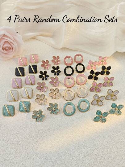 4 Pairs Random Assorted Women Earrings Set, Including Pink, White, Black Earrings, Stainless Steel Asymmetrical Geometric Floral Earrings, Round Stud Earrings, Square Hoop Earrings, Vintage Jewelry, Summer Beach Swimwear Accessories, Attractive Outfit Decor, Wedding Dress Accessories - Multipurpose Jewelry Suitable For Swimming, Bathing, Workout