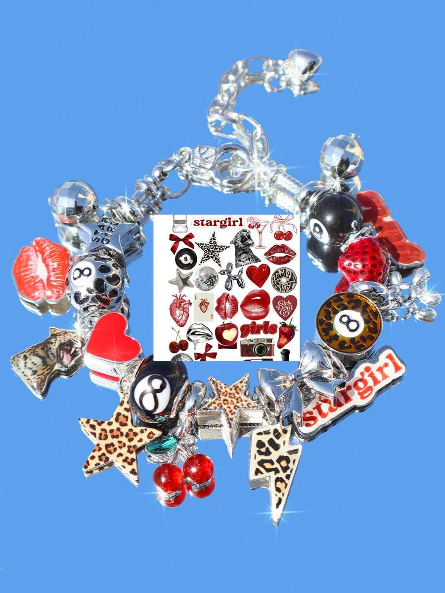 1 vòng tay Star Girl họa tiết da báo, 1 vòng tay quả anh đào đen, 1 vòng tay quả cầu disco họa tiết da báo, 1 vòng tay họa tiết da báo, 1 vòng tay Stargirl Girl