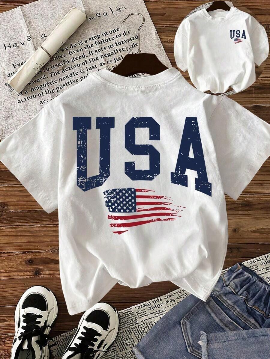 Camiseta de mujer de manga corta con cuello redondo, gráfico de letra y bandera americana - Blanco - Ver 1