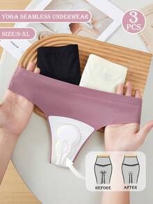3 sztuki damskich, bezszwowych majtek sportowych do jogi z niskim stanem i jednolitym kolorem, o wysokiej elastyczności, oddychające, seksowne stringi - Wielokolorowe - Zobacz 1