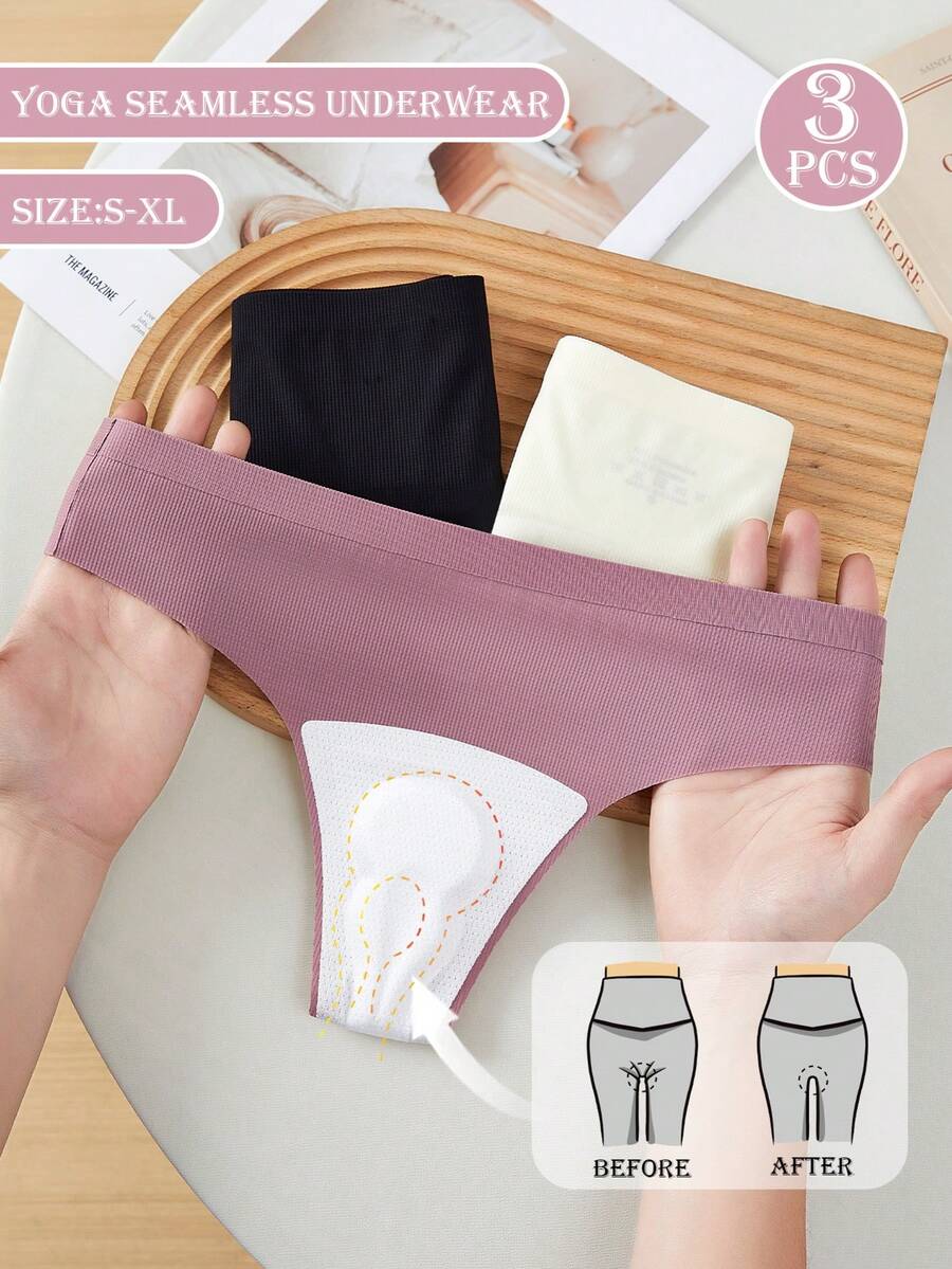 3 sztuki damskich, bezszwowych majtek sportowych do jogi z niskim stanem i jednolitym kolorem, o wysokiej elastyczności, oddychające, seksowne stringi - Wielokolorowe - Zobacz 1