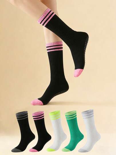 女性用スポーツ圧縮ヨガソックス 5ペア、プロフェッショナル 滑り止め ピラティスソックス、ユニセックス ストライプ ミッドカーフソックス、マカロン カラー、滑り止めソールでマットや床での滑りを防ぐ、ヨガ、フィットネス、ボール遊び、縄跳び、カジュアルウェアに最適、春夏シーズン