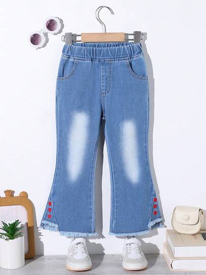 Girls' Casual Jeans, Heart Embroidery Frayed Flare Pants, Versatile Denim Trousers For All Seasons