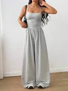 Tall Women's Casual Pleated Loose Straight Leg Jumpsuit, Spring/Summer - Light Grey - View 1
