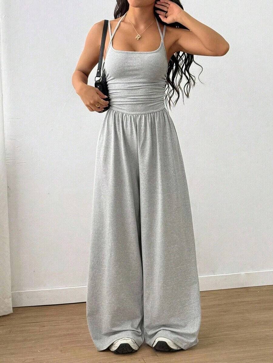 Tall Women's Casual Pleated Loose Straight Leg Jumpsuit, Spring/Summer - Light Grey - View 1
