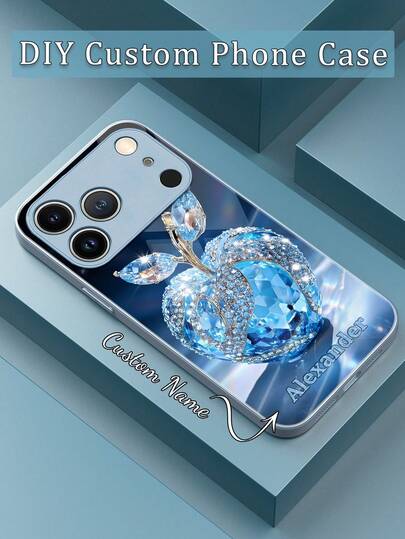 1pc Customizable Luxury Blue Crystal Apple Rhinestone Decorated Tempered Glass + TPU Soft Edge Phone Case, Compatible With Samsung S24 Ultra/S25 Ultra And Apple 17 Pro Max/16 Pro Max/15 Pro/14 Plus/13 Pro/12 Pro Max/11/Xs Max/8/7/6 Plus, Can Be Used As Birthday Gift, Gift For Girlfriend/Boyfriend Or Self-Use