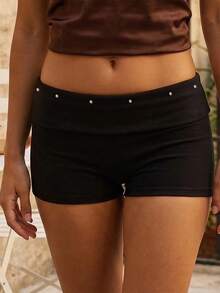 Mini Shorts For Women Low Rise Fashion Rivet Decor Decor Hot Pants Summer Fold Over Waistband Micro Shorts - Negro - Ver 4