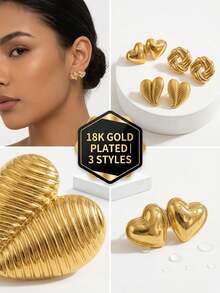 Title: 1 Pair 18K Gold Plated Vintage Stud Earrings For Women, Joined Double Heart & Knotted Circle & Ribbed Texture Studs, Hypoallergenic Tarnish-Free Jewelry/Vintage, Earrings For Women, Earrings, Gold Earrings Women - Gold Ear Stud - View 1