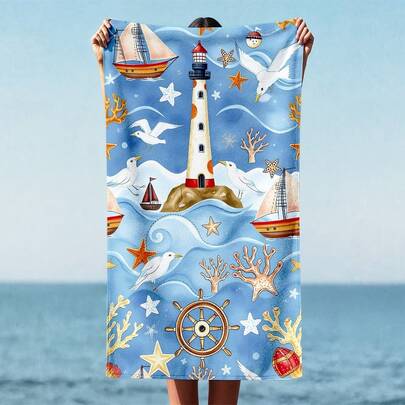 1条柔软灯塔图案印花超细纤维沙滩巾，家居装饰，适用于海滩、游泳池、露营和旅行、浴室、健身、瑜伽等场合，超柔软舒适的超细纤维毛巾，极其舒适的浴巾，时尚沙滩巾，超强吸水，轻便易携，防风防晒，夏季旅行防沙，假日浴室装饰