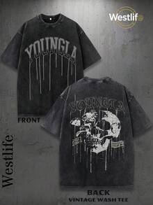 1PC Y2K Vintage Washed T-Shirt | Men's Graphic Tee | YLA Dripping Skull Design Pattern | Gifts For Men Or Boyfriend | 100% Cotton | 230Gsm Thickened Fabric | Unisex - 黑色 - 查看 11