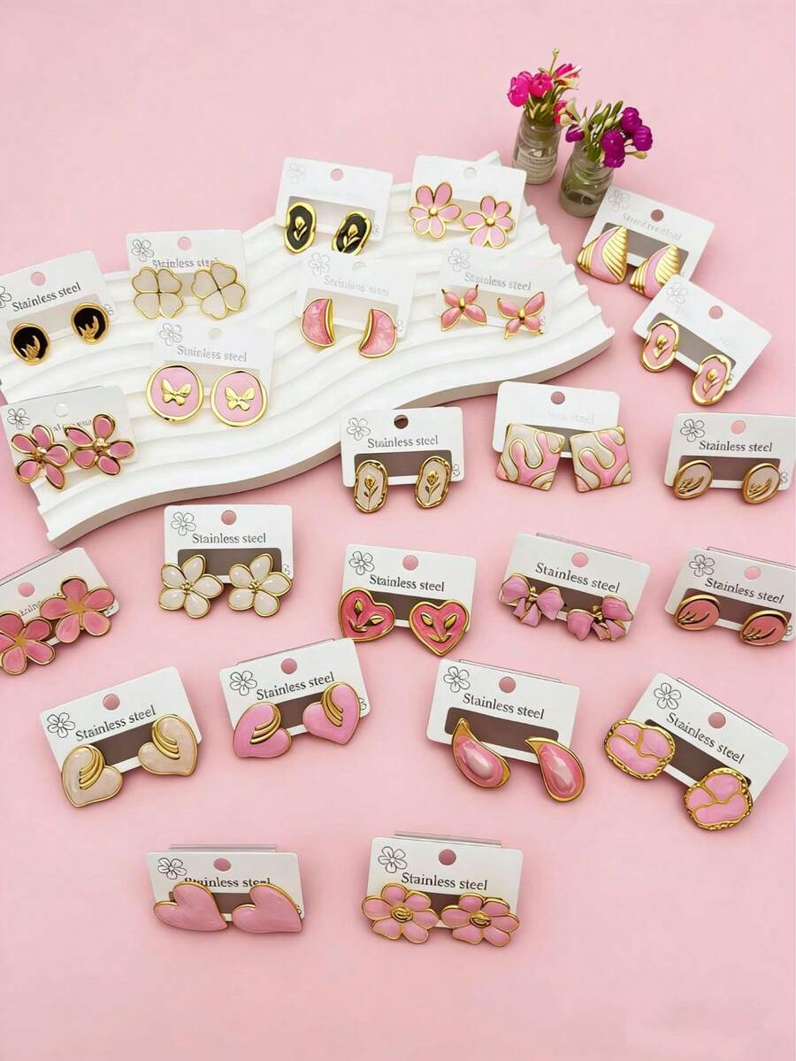 Boucles d'oreilles de luxe de couleur rose. Boucles d'oreilles de conception haut de gamme et de niche. Boucles d'oreilles douces et élégantes, polyvalentes pour les femmes. (Style aléatoire) - Multicolore - Voir 1