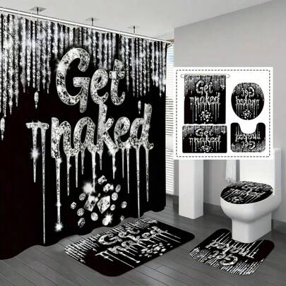1/3/4pcs Black Crystal Tear Diamonds Drapery Shower Curtain With Multiple Hooks Decorative Bathroom Set Barrier Shower Curtain, Non-Slip Floor Mat, Toilet U-Mat, Toilet Cover Mat, Bedroom Decor, Home Decor, Bathroom Decor & Accessories, Perfect Gift