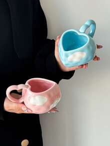 1 Set Heart & Cloud Ceramic Coffee Cup & Saucer Set, Korean Ins-Style Cute Ceramic Mug, Paired With Heart Cloud Plate, High-Quality Ceramic Tableware Set, Suitable For Milk, Coffee, Tea - Multicolor - View 6