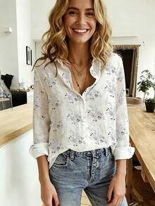 Women's Elegant Floral Print Lapel Button-Up Shirt, Casual Chic Blouse, Fashionable Women's Long Sleeve Shirt For Spring & Autumn Vacation White - White - View 6