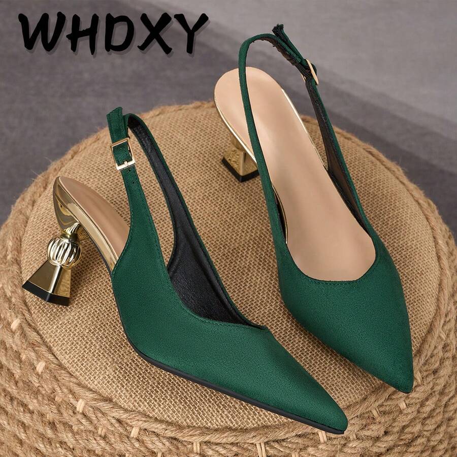 WHDXY 1双女士优雅高跟鞋,亮面通勤办公鞋,舒适百搭,适合工作、情人节、办公室、空乘等场合,7厘米粗跟 - 綠色 - 查看 1