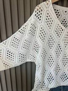 Women's Minimalist Hollow-Out Loose Knit Sweater, Suitable For Spring And Summer - White - View 4