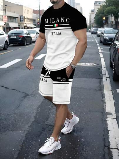Conjunto de camiseta de hombre LHEURYSTIC con estampado gráfico 3D a color tipo bloque - Patrón "MILANO ITALIA", conjunto casual deportivo de cuello redondo y manga corta, negro y blanco, mezcla de poliéster elástico, lavable a máquina - Regalo ideal para Año Nuevo