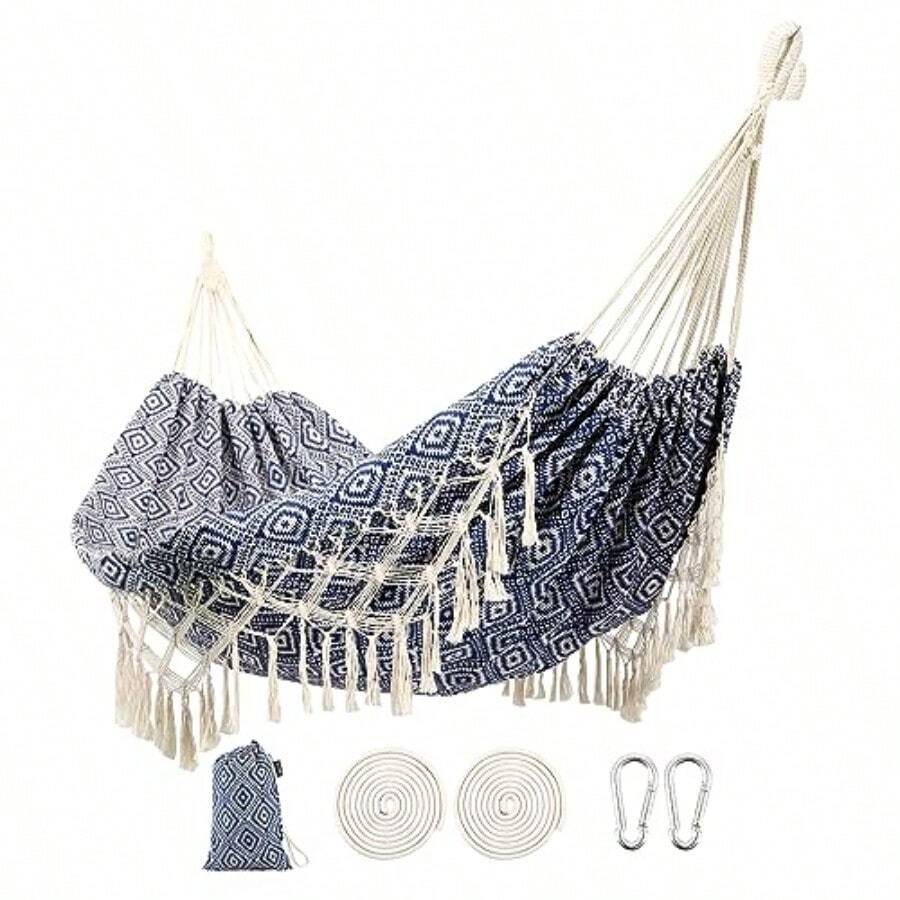 Hamaca de jardín con borlas hamacas de jardín con transporte portátil bolsa de lujo con flecos de macramé para patio jardín patio trasero playa tela de porche al aire última intervensión e - Azul BlueDiamond - Ver 1