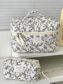 Bolsa de cosméticos con cremallera de tela con estampado floral, elegante estuche suave con estilo francés, organizador portátil de artículos de tocador para uso diario, viajes, hogar, adecuado para mujeres - Blanco y Negro - Ver 4