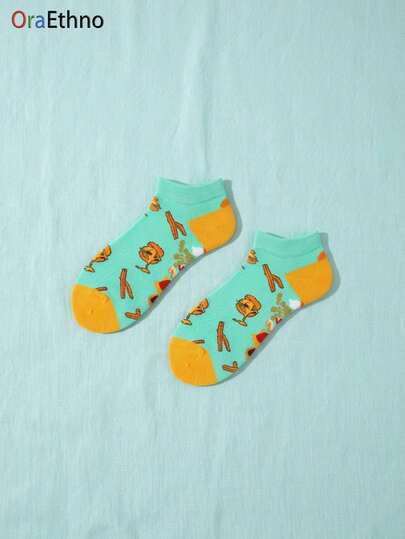 1足 メンズ おもしろ食べ物テーマ(漫画のチキンドラムスティックとワイングラスのパターン)プリント コントラストカラー 吸汗 ソフト 快適 アンクルソックス、女性、食べ物好き、彼女への誕生日プレゼント、カジュアル デイリー着用、テーマイベント、オールシーズン ノベルティソックス