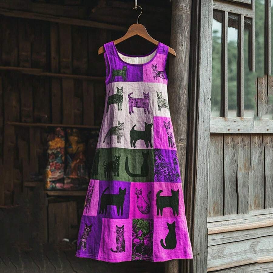 Plus Size Sleeveless A-Line Knee-Length Dress, Round Neck Patchwork Cat Print Knit Fabric, Medium Stretch, Suitable For Women's Casual Summer Wear Elegant - Purple - View 1