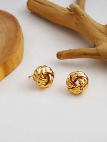 1 Pair Delicate Niche Petite Fashion Versatile Textured Knot Stud Earrings, Suitable For Women's Daily And Holiday Wear - Gold - View 5