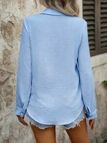 Women's Spring V-Neck Long Sleeve Blouse, Business Casual Office Commute Top - Blue - View 4