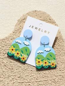 1对女士春夏蓝天白云绿山黄向日葵雏菊印花亚克力可爱优雅耳环 - 彩色 - 查看 4
