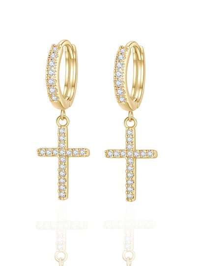 一对锆石十字架耳环，镀金男女情侣耳环，闪亮旅行派对配饰，节日和生日情侣礼物
