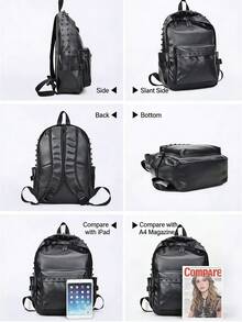 A Black PU Leather British-Style Retro Double Shoulder Bag, Large-Capacity Backpack, Streetwear And Personalized Korean Fashion Rivet Student Unisex Travel Backpack - Black - View 3