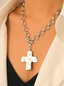 1pc Vintage Minimalist Exaggerated Fashionable Metal Geometric Circle Hammered Cross Pendant Necklace With Thick Chain, Suitable For Daily Wear - 銀級 2 - 查看 5