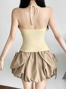 Áo hai dây Kliou Halter Chic dành cho nữ, kiểu dáng buộc dây, phối nhiều mảnh, cài một hàng cúc, vạt áo không đều, thời trang mùa hè, phong cách đường phố, áo tank top đi biển. - Màu be - Xem 9