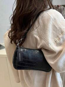 Crocodile Embossed Women's Handbags, Korean Style Ladies Underarm Tote Bags, New Fashion Shoulder Bags, Simple Commute Crescent Moon Bags , Old Money - Black - View 3