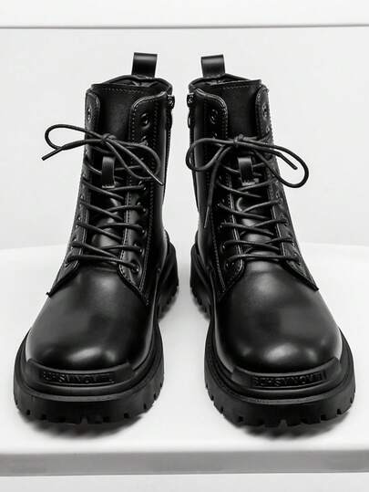 男士厚底靴，摩托车工装靴，黑色中筒英伦风真皮靴，秋冬鞋履