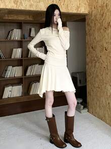 Đầm dệt kim lệch vai, đầm mini dáng chữ A lệch vai, đầm thanh lịch mùa xuân/hè. - Màu be - Xem 7