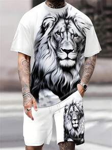 Men's Casual Street Style Lion Print Elastic Crew Neck Short Sleeve Set, Summer - Multicolor - View 6