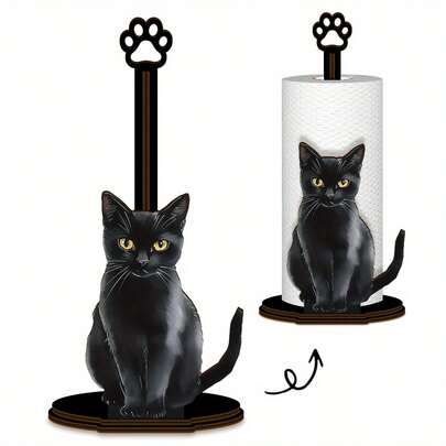 1个黑色猫形木质厨房纸巾架，单层设计，可存放纸巾、保鲜膜、抹布，独立式台面收纳架