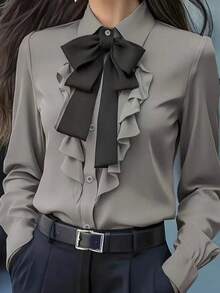 Damen elegantes Rüschen-Schleife-Detail Langarm-Hemd - Unifarben, Langarm, Knopfleiste vorne, geeignet für Büro und Alltag Outfit, Lässig Bluse | Elegante Bluse | Rüschen-Schleife-Detail Frühling - Grau - Übersicht 2