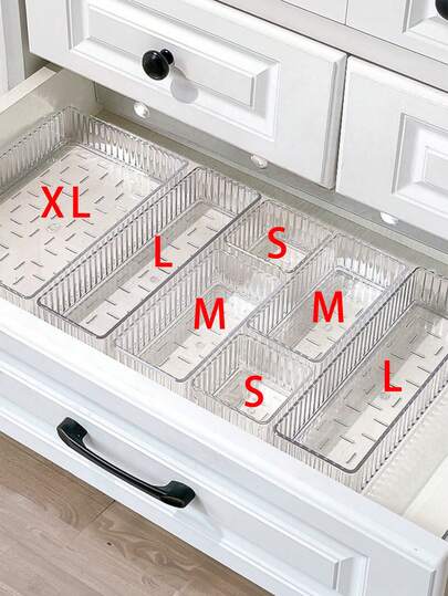 11/10 piezas Cajas de almacenamiento de maquillaje, Juego de organizadores de cajones, Cajas de almacenamiento de cosméticos de plástico transparente a rayas, Adecuado para varios escenarios, Organizadores de escritorio y cajones de oficina en el hogar, Cajas de almacenamiento de papelería de escritorio de oficina, Organizadores de escritorio y cajones de almacenamiento en el hogar