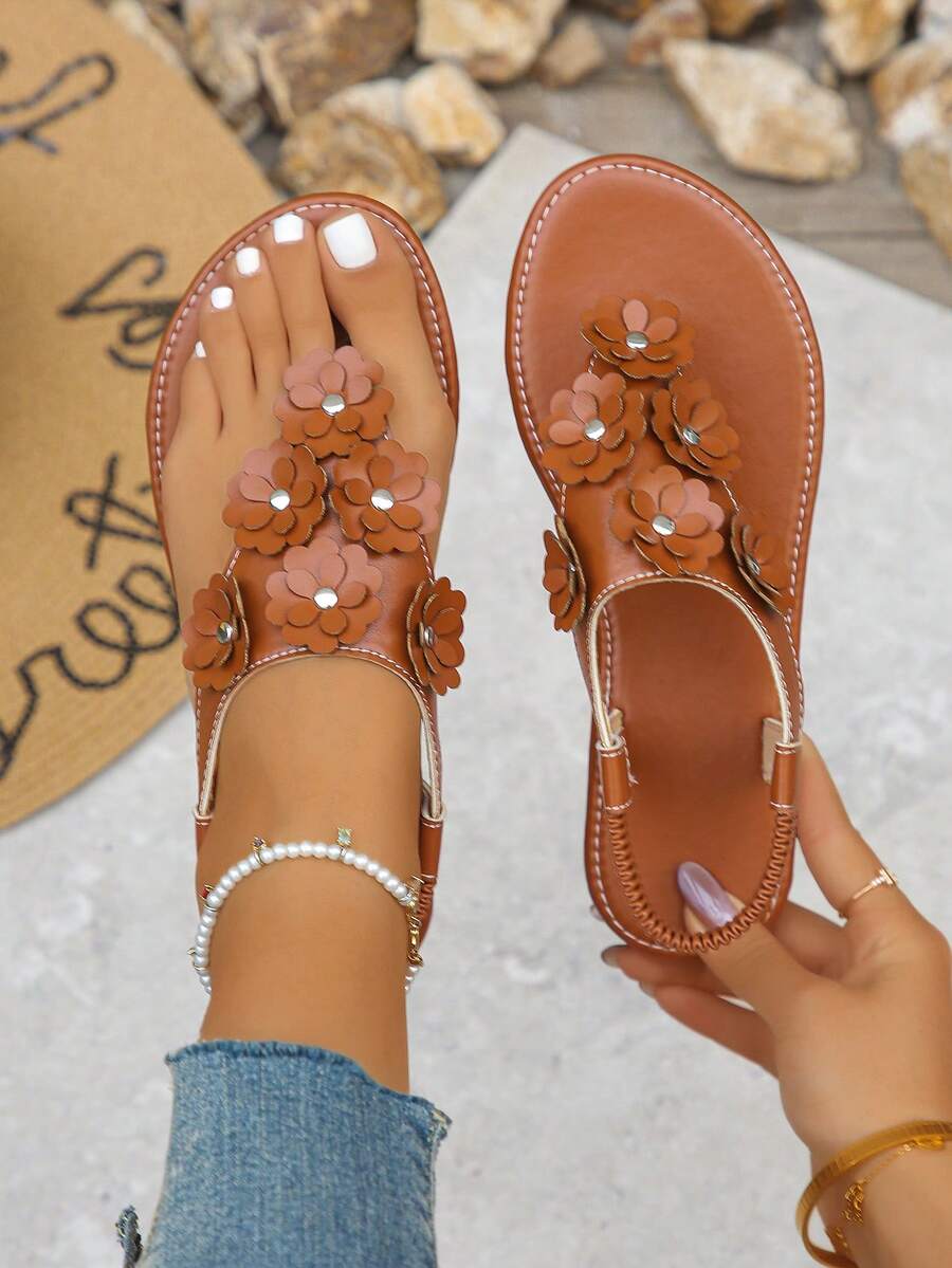 Plus Size 35-45 Fashionable Thong Sandals With Elastic Back Strap, Slip-On Round Toe Beach Shoes, Flat Toe-Post Sandals For Women, Summer Outdoor Wear, Open Toe, Brown, Lightweight