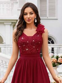 MIUSOL Robe de soirée longue fendue en mousseline de soie avec col en cœur, sans manches, avec dentelle et sequins floraux. Robe de demoiselle d'honneur, robe de soirée élégante pour femme, mariage rouge - Rouge - Voir 10