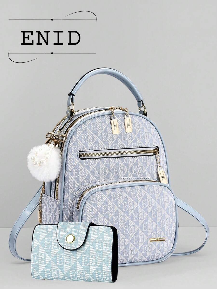 Fashionable New Stylish Small Backpack, Spacious Women's Outdoor Backpack, Casual Versatile Mommy Bag, Multi-Function Shoulder Crossbody Bag Set - Baby Blue - View 1