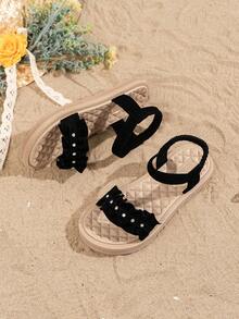 1双女童荷叶边水钻天鹅绒弹力带防滑平底凉鞋，甜美风格，适合夏季日常穿着/海滩度假 - 黑色 - 查看 5