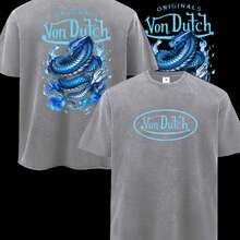 Men Gray Washed Vintage Streetwear Brand 100 Percent Cotton T Shirt Blue Dragon And Vons Dutchs Text Graphic Print Casual Outfit For Everyday Wear Front And Back Print Retro Heavyweight Tee Perfect Gift Loose Comfortable Breathable Machine Washable Fabric Hip Hop Cool Style Drippy Clothes Y2K Fashion - 灰色 - 查看 2