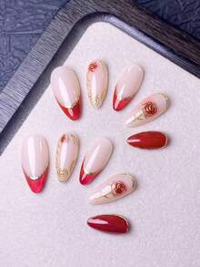 10片手工美甲贴纸，美甲用品，美甲装饰，假指甲，短指甲，美甲艺术，夏季，亚克力美甲贴纸，美甲工具套装，Y2K风格，红色美甲，红色闪光猫眼美甲，手绘红色猫眼金边玫瑰图案，精致奢华风格，适合女士和女孩在派对等正式社交场合使用 - 紅色 - 查看 4