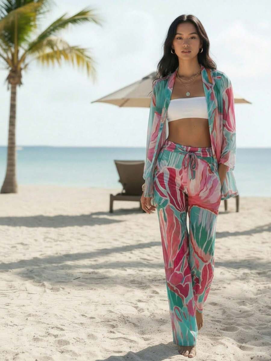 Pearl Beach Cover-Up - Shirt And Adjustable Tulle Pants Set | Summer 2026 - Resort Fashion Blogger Style - Pink Flower - View 1