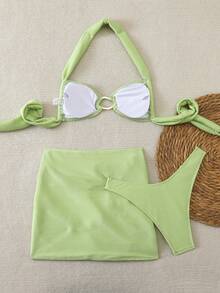 Elegantes grünes gestreiftes Muster sexy Neckholder lässig Bikini Set für Frauen, geeignet für Frühling, Sommer, Herbst Strandurlaub - Grün - Übersicht 5