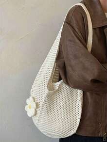 2026 New Beach Vacation Woven Tote Bag, Large Capacity One Shoulder Underarm Bag, Hollow Out Design For Women Summer - White - View 4