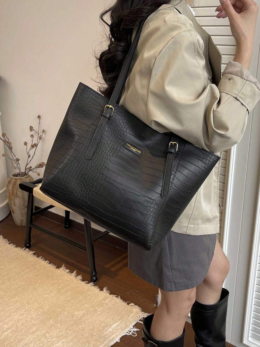 女士日常通勤时尚多功能手提包,女士手提包,优雅女士手提包,时尚女士手提包,大容量手提包 - 黑色 - 查看 1
